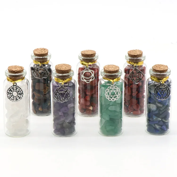High quality natural crystal gravel set seven colors yoga stones  seven chakra wishing bottle symbol style