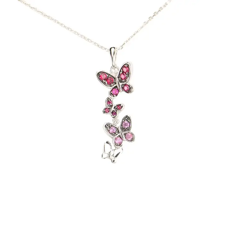 New Design Factory Price Individuation Silver Jewelry Cute 925 Silver Pink Crystal Butterfly Pendant Necklace