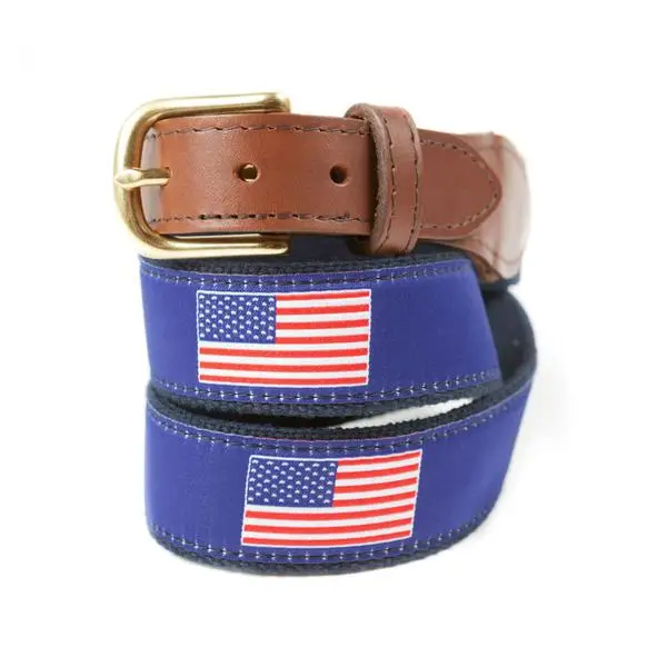 Factory Custom Logo Genuine Leather Tip Canvas Woven Ribbon Keychain Men Belts for Golf Casual Jeans