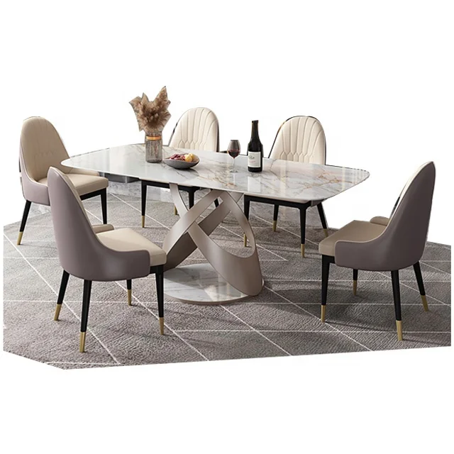 Foshan Factory direct sale modern Rock table restaurant rectangle marble stone dining table and chair set for villa home