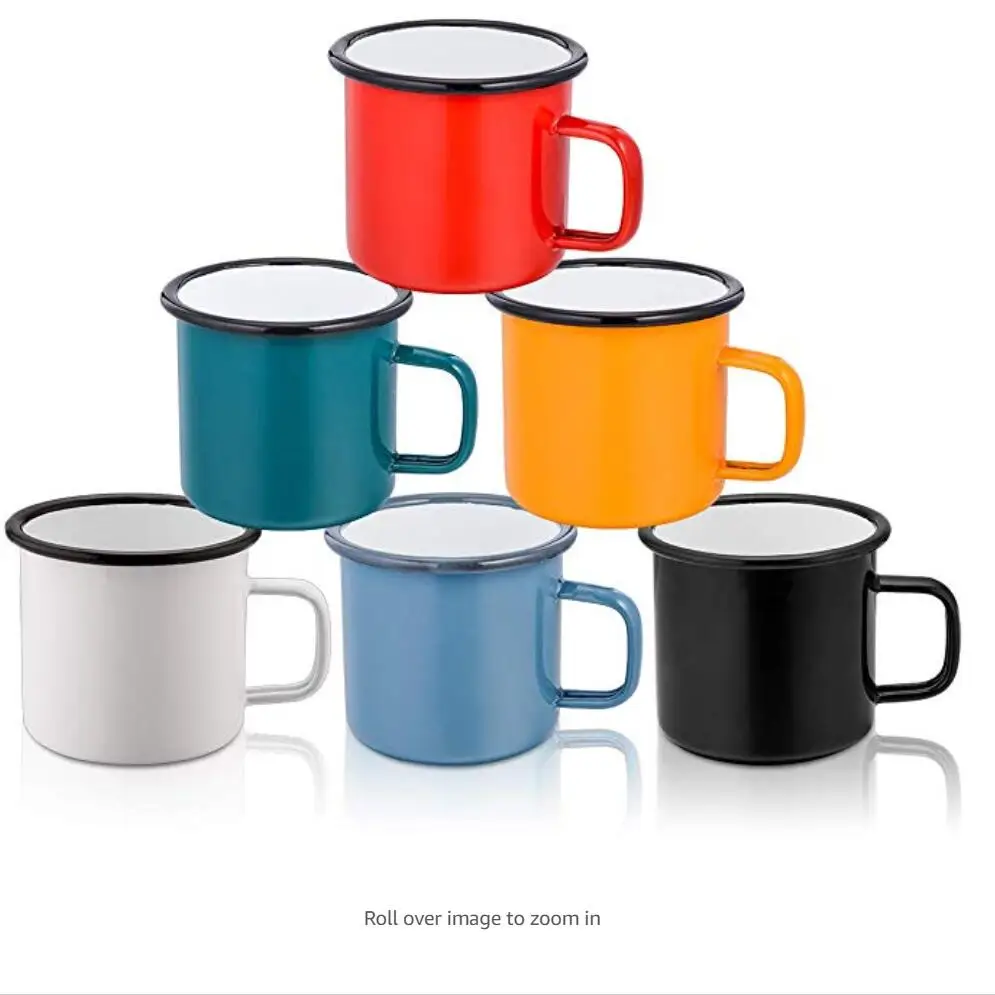 Enamel Mug Coffee Cup Set of 6, Camping Enamel Mug with Patterns & Handle for Tea Soup Milk, Gift for Camp Home Office, Lightwei