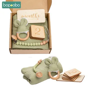 Wooden Baby Teether Ring Rattle Comfort Chain Set Baby Milestone Set Full Moon Gift Box Set