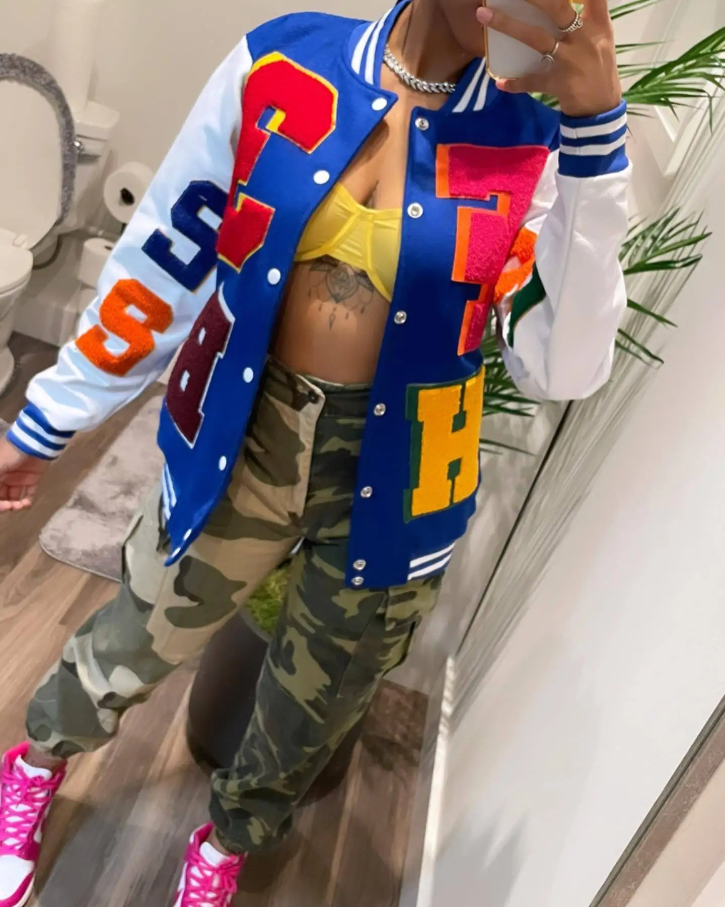 Wholesale Custom Patchwork Long Sleeve Baseball Jacket Women Cropped Letterman Varsity Jackets