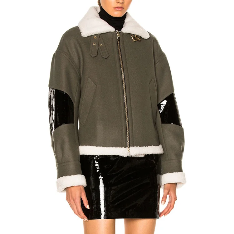 Winter Fashion Berber Fleece Woman Leather Jacket Custom Patchwork Sleeves Coat