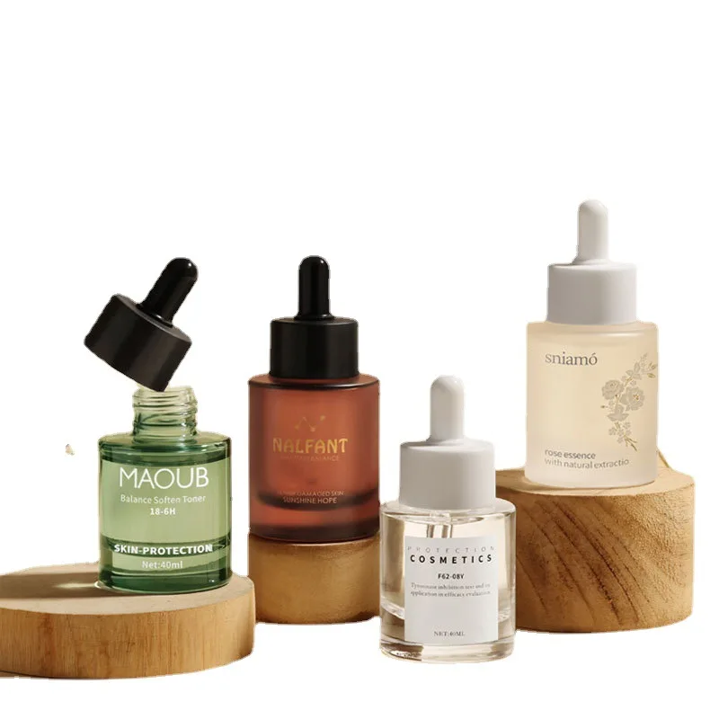 hot sale 30ml 40ml 50ml Thicken Flat Shoulder Glass Serum Bottles Transparent Cosmetic Essential Oil Dropper Bottle