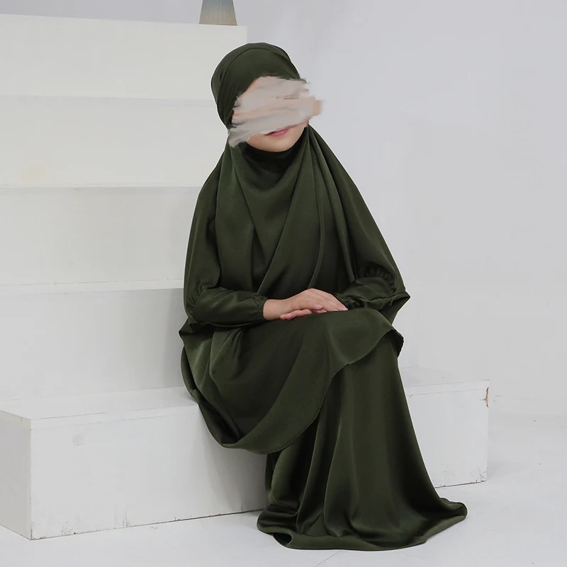 Girls Jilbabs High Quality Ramadan Muslim EID Kids Prayer Dress Long Hijab Top and Skirt Children Two Piece Jilbabs Abaya Set