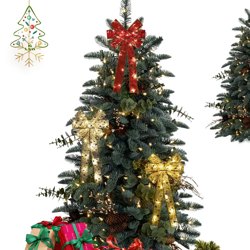 KG Xmas Wholesale Weihnachtsdekoration Christmas Decor Ribbon Bow Glowing Wire Edge Christmas Tree Bow With LED String Lights