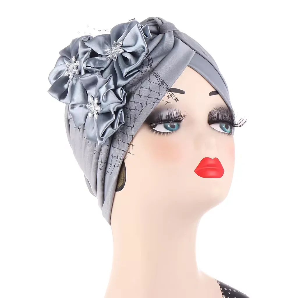 TB-337 Fashion Mesh Three-Flower Hood Decorative Party Caps Indian Beanie Hat Arab Muslim Women Head Turban Hat