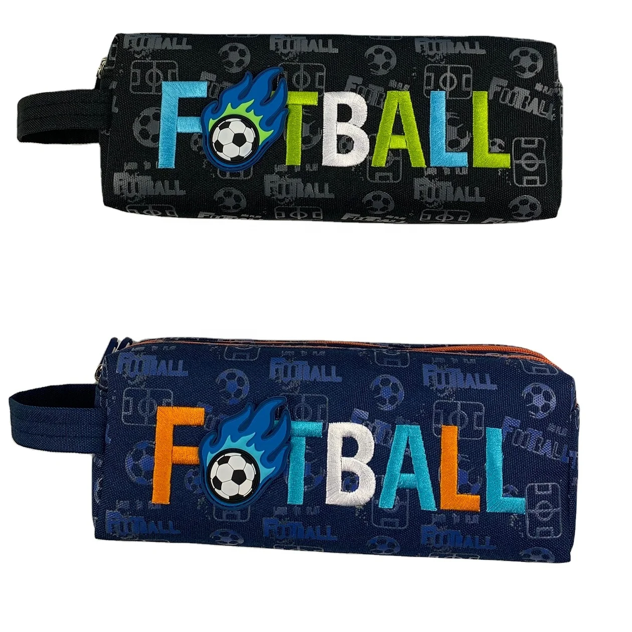 Football canvas double fluorescence zippers pencil case with handle