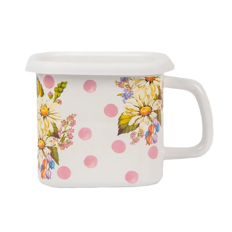 Factory Wholesale Custom Logo 14cm metal crisper storage container food grade Square enamel mug with handle lid