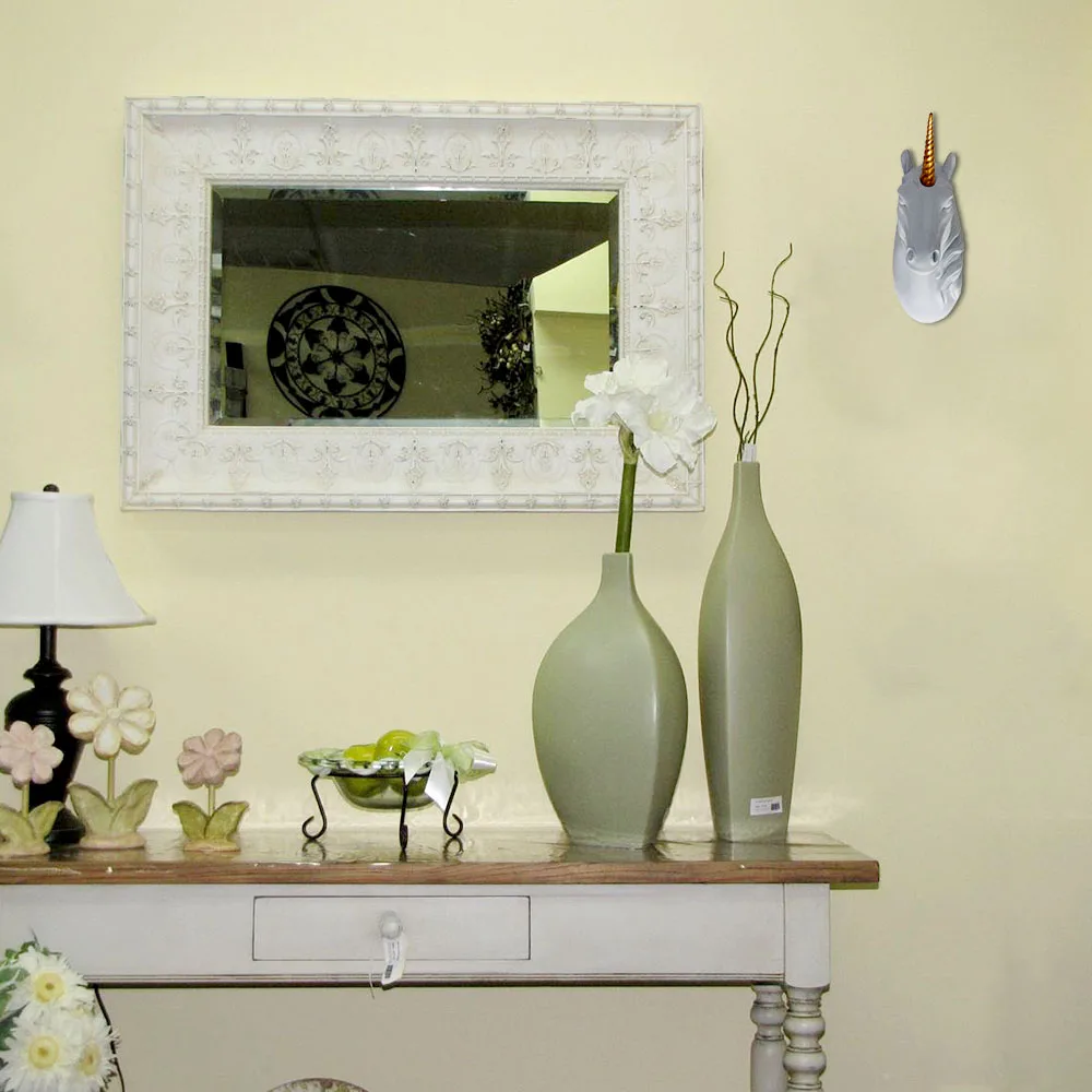 
GOLD Wall Mount White Unicorn Head Sculpture With Gold Horn Faux Resin Animal Head Wall Decor Ready To Hang - 10x5x13 In 