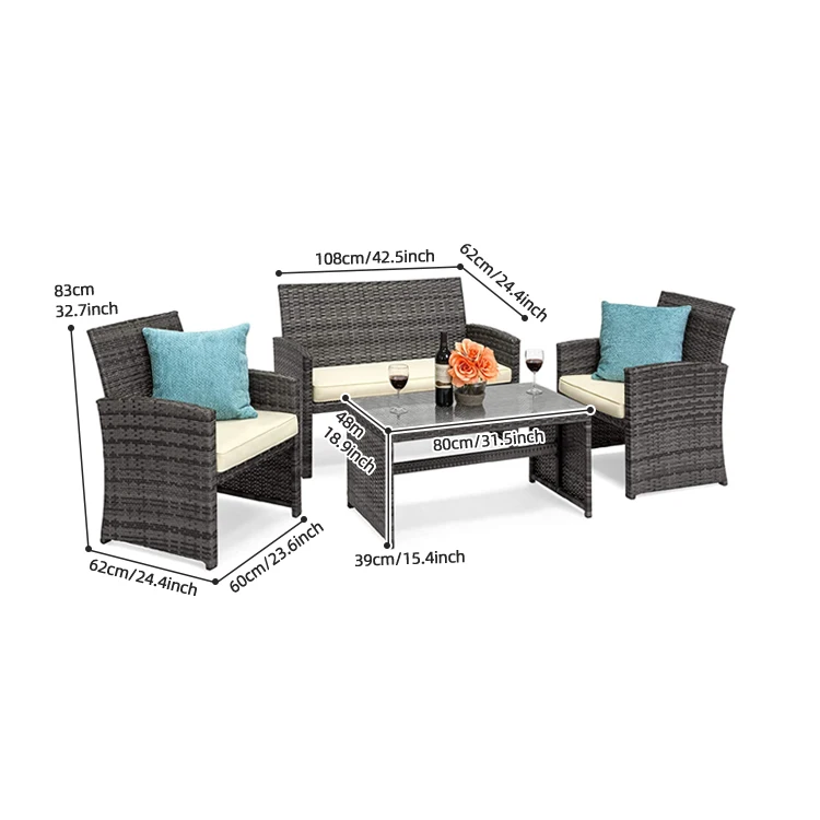 YASN 4 Piece Rattan Outdoor Furniture Rattan Furniture Sofa Set With Cushions