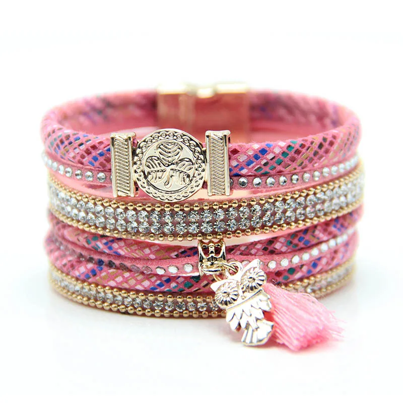 Boho Style Jewelry Owl Charm Multi-layers Leather Women Bracelet with Magnetic Clasp Cuff PU Bracelets