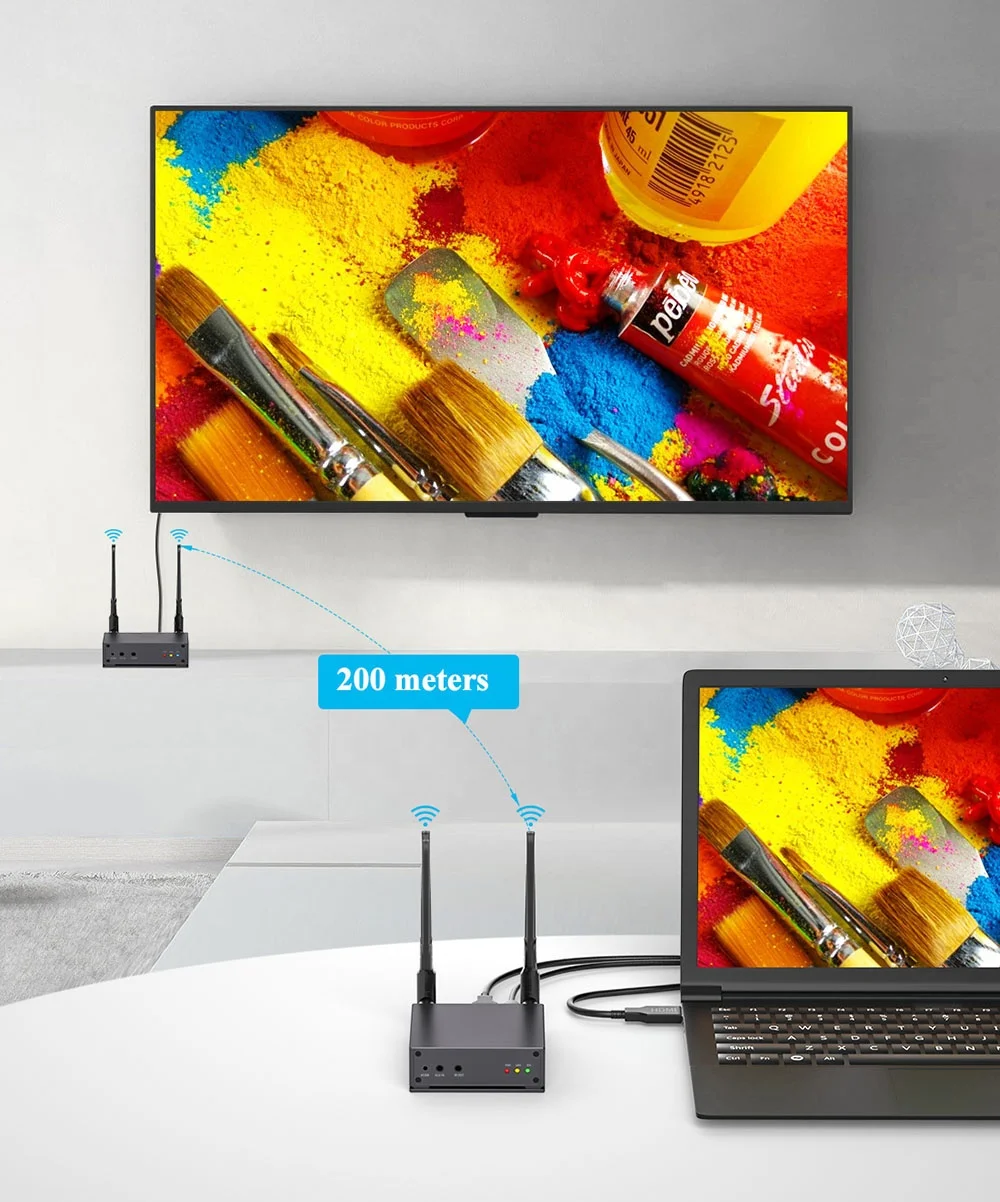 200m Wireless 1 Transmitter and Max 4 Receiver HDMI Video Extender 1x4 1 To 4 for DVD STB Camera Computer PC To TV Monitor