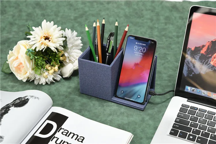 Office Tech Gadgets Pencil holder with PU leather 10W mobile phone holder wireless charger for promotion gift