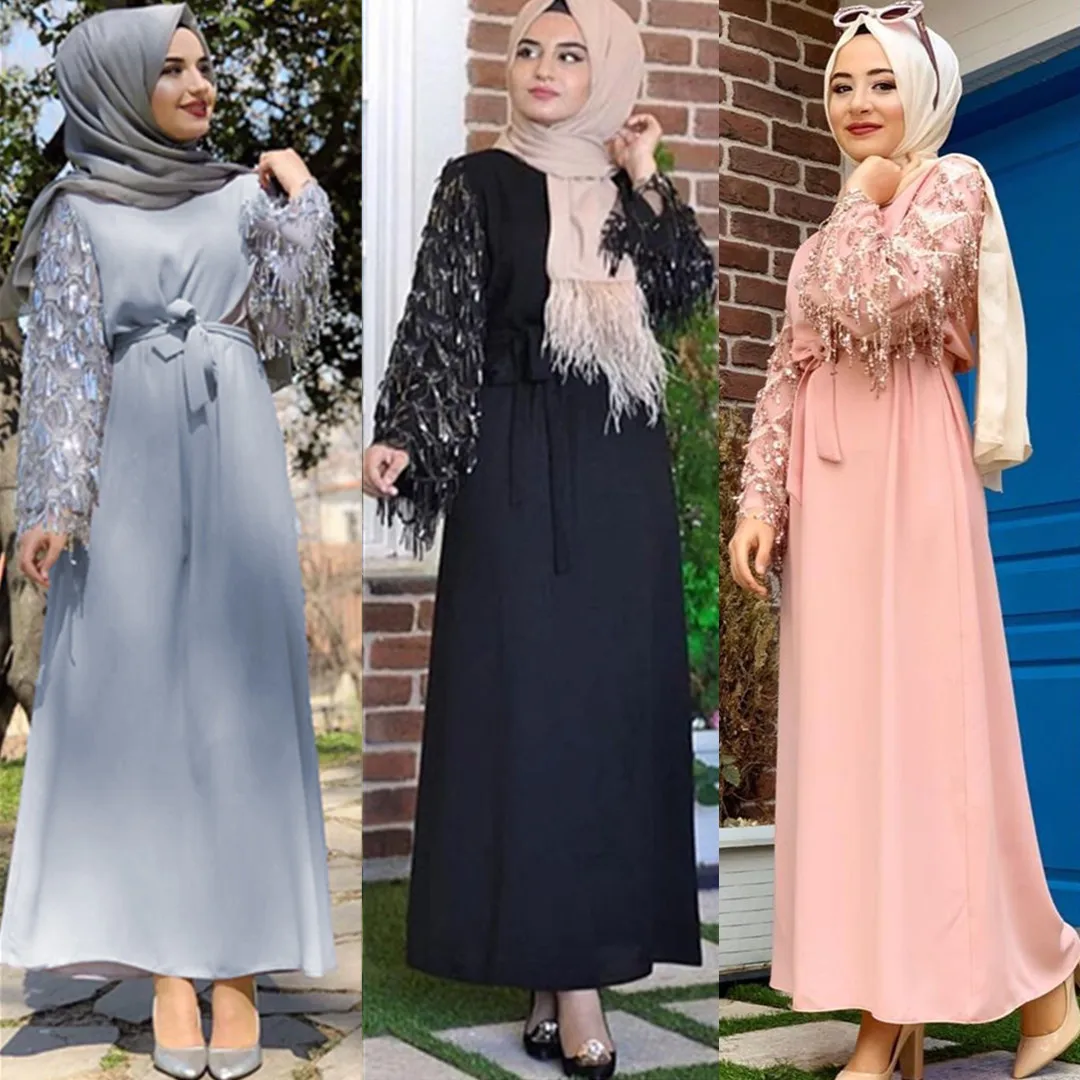 Wholesale 2021 latest sequins tassel sleeve middle east girls white wedding abaya islamic clothing muslim dresses for ladies