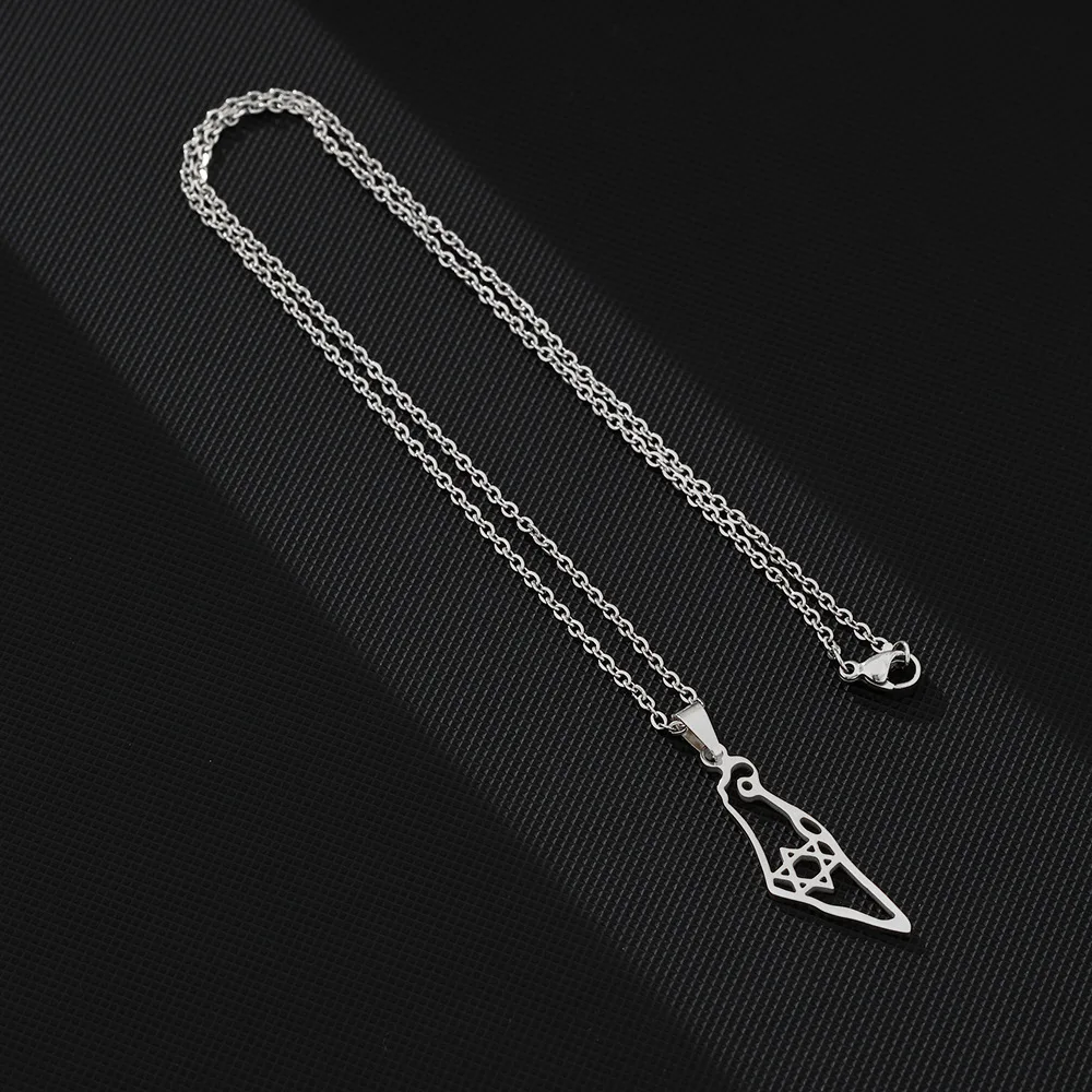 Stainless Steel Israel Map Pendant Necklace Hexagram Magen David Star of David Jewish Jewelry