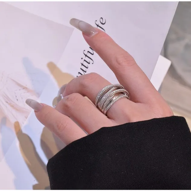 Punk zircon rings womens 13mm wide multi layer weave cz jewelry 925 sterling silver cubic zirconia ring
