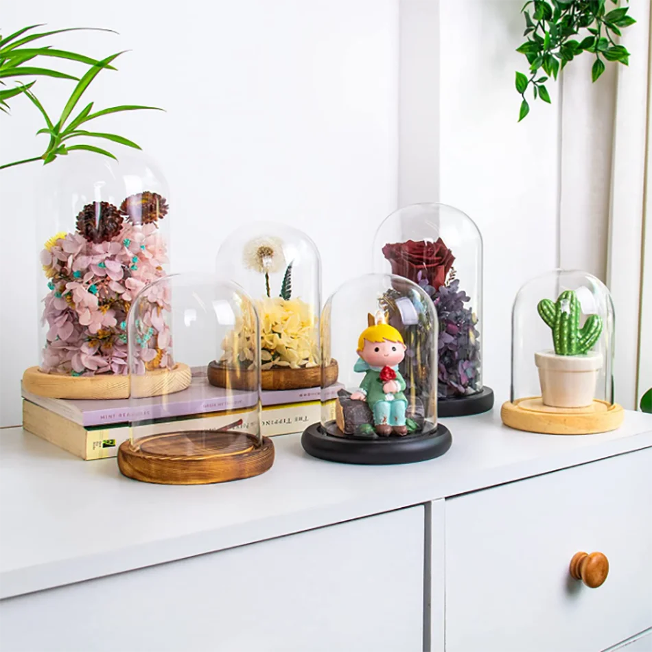 wholesale high quality transparent large decorative jewelry flower christmas led wooden base cloche bell glass display dome