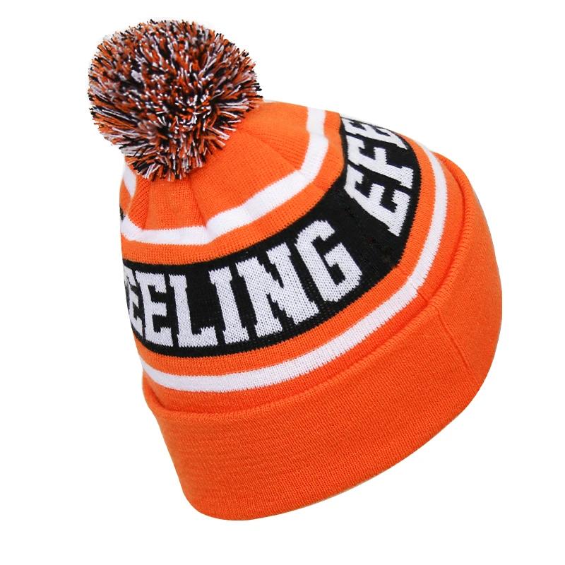 Bobble Hat Orange Black Custom Embroidered Logo Warm Wool Outdoor Skiing Beanie With Pom