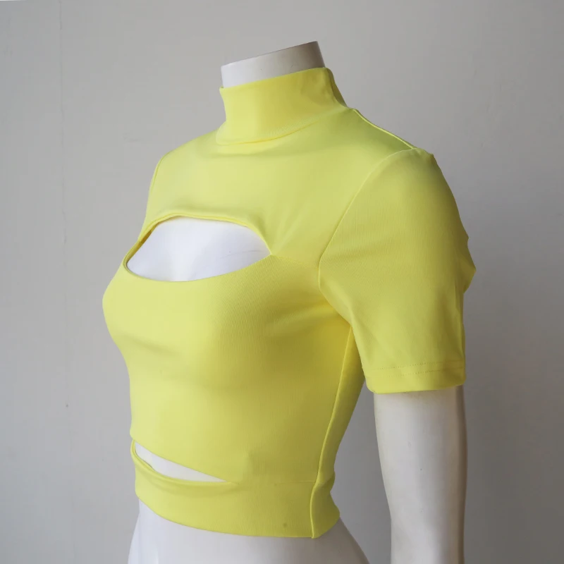 Neon  Cut Out Sexy Slim Fit Short Sleeve Turtleneck Blank  Sport Female T-shirt Crop T-shirt For Women