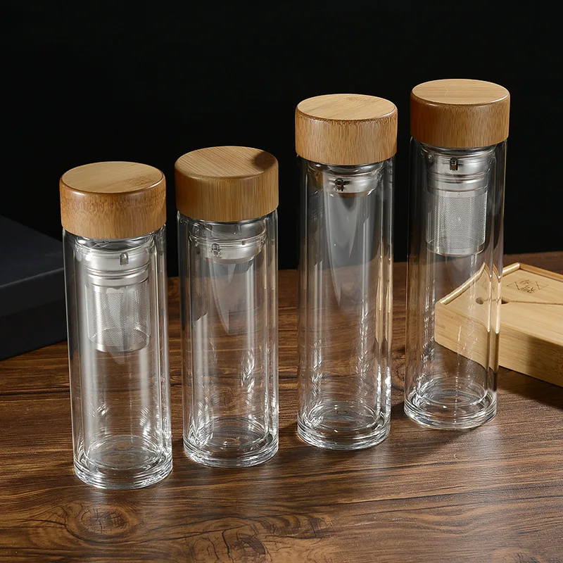 customer stainless steel infuser  bamboo lid double wall borosilicate glass  water bottle