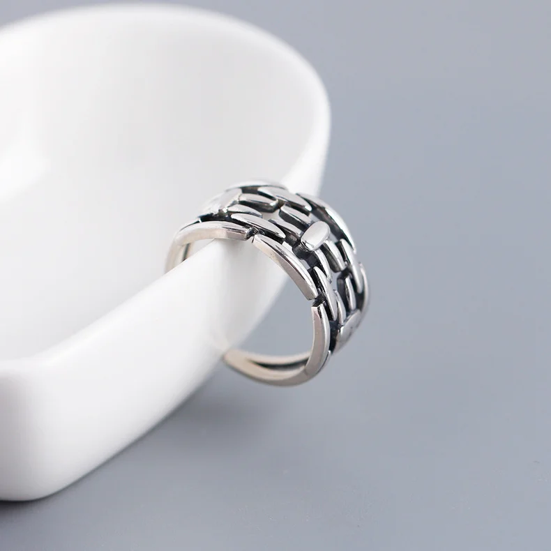 KRJ0252 Trendy Ins Minimalist S925 Sterling Silver Vintage Ring   East Gate Double Layer Chain Ring