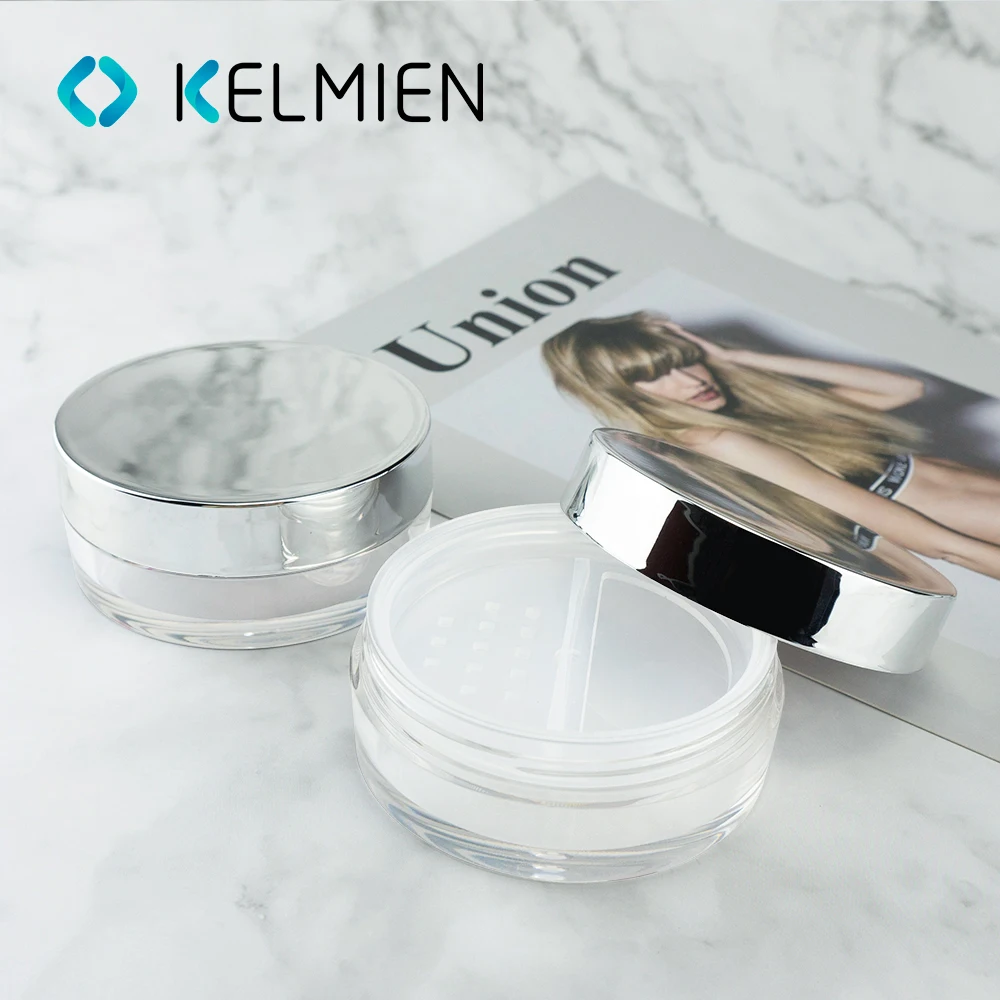 Private label round empty crystal loose powder case with rotating sifter plastic white compact powder jar container with sifter