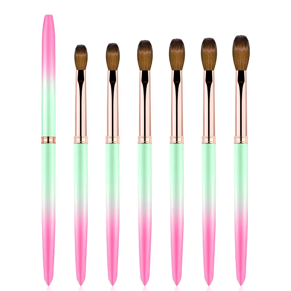 Hot Selling Superior Quality Germany Private Custom Label  Pink Green Gradient  Metal Kolinsky Nail Brushes Wholesale #8 to #18