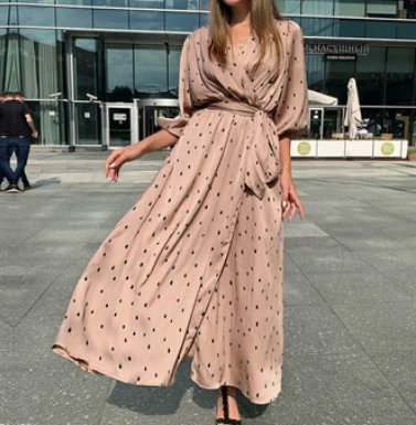 New arrival polka dot women wrap dress elegant puff sleeve a line v neck party dresses work wear streetwear retro maxi dress