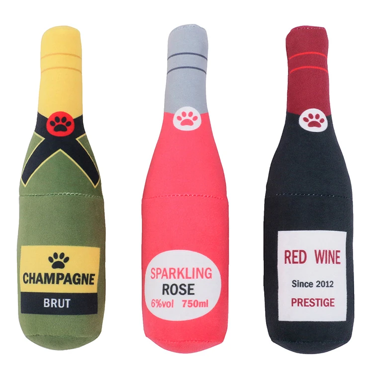 New Design plush stuffed wine bottle pet squeaky toy free assortment whisky vodka bottle dog plush chew toy