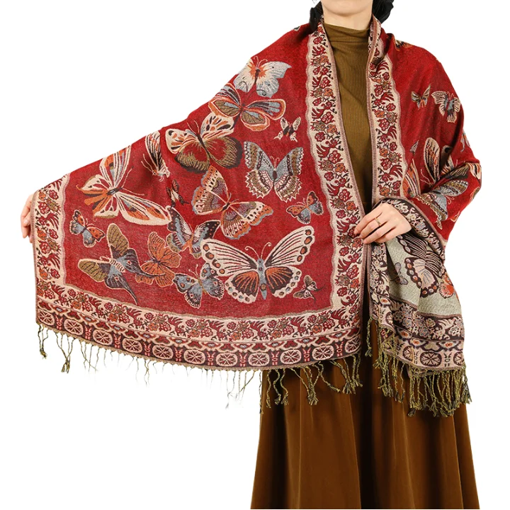 BESTELLA Brand Custom Design Jacquard Long Shawl for Ladies Autumn Polyester Pashmina with Tassel Customized Lady Scarf