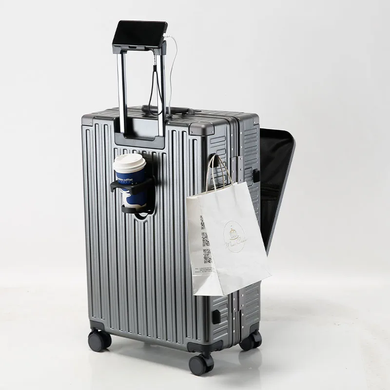 100%PC Aluminum frame front opening travel case Business travel suitcase for unisex phone stand luggage