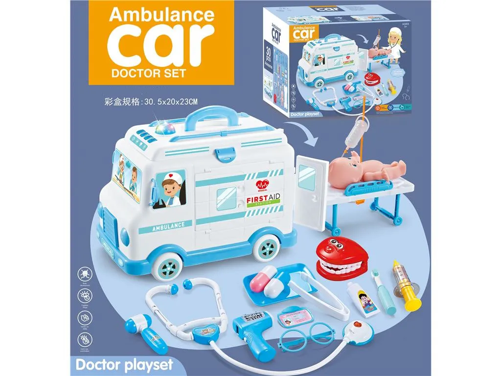 Kids sound and light Medical doctor pretend play toys set emergency ambulance car toy with doll