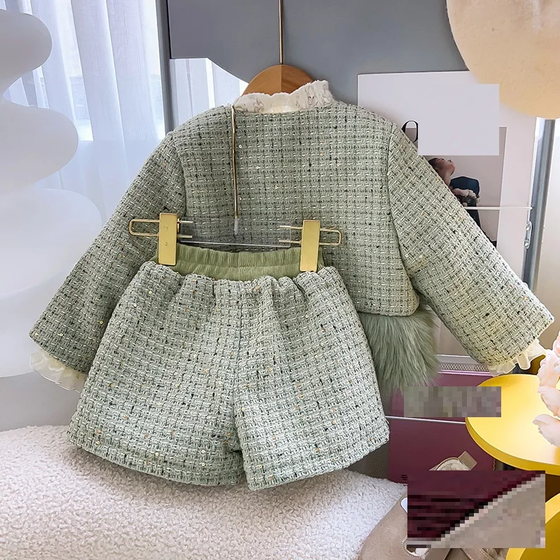 0371 2024 New Korean Girl Clothes Sets Kids Girl Princess Winter Clothing Set Children Fur Jacket Shorts Winter Suit