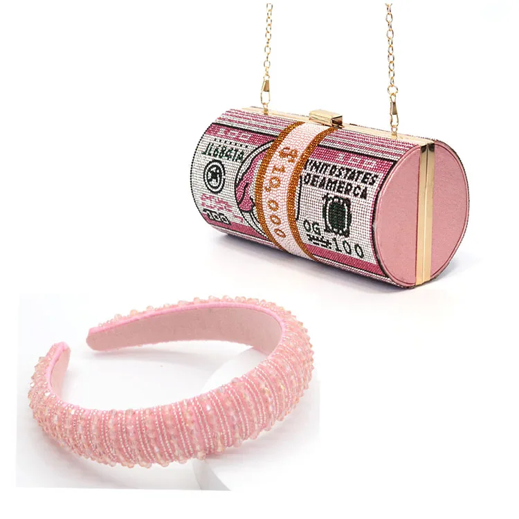 
2021 New trendy design rhinestone dollar money roll purse bling bag with crystal headband 
