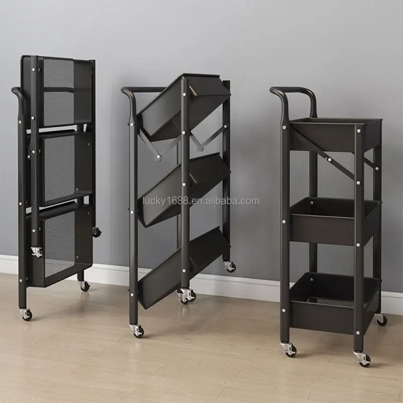 Hot selling commercial furniture 3 tier hand push foldable storage rack hair salon trolley cart
