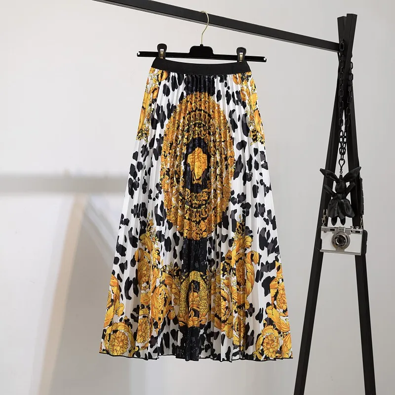 Fashion Print Women Elegant Skirt High Waist Pleated Midi Dress New Lady Spring Summer A-Line Skirts