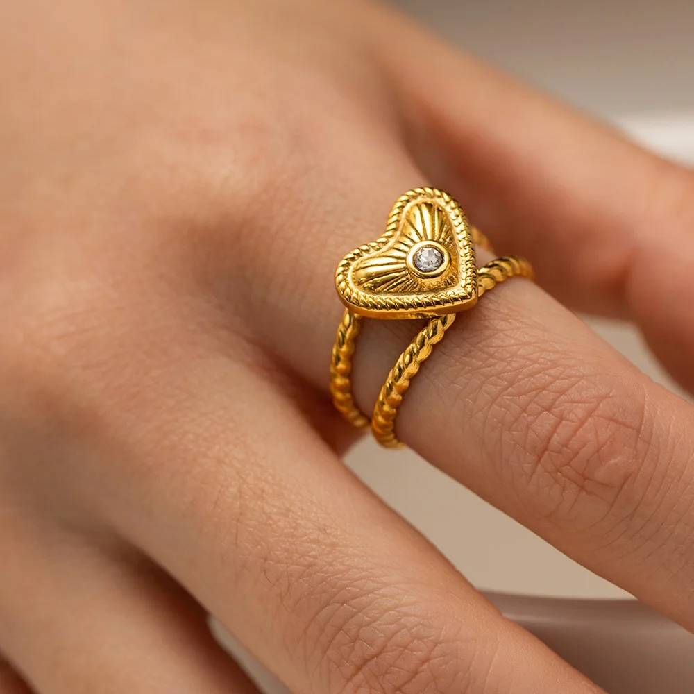 Hongtong D1-8 из нержавеющей стали 18K позолоченное сердце Блестящий Циркон двухслойные Роскошные модные ювелирные кольца