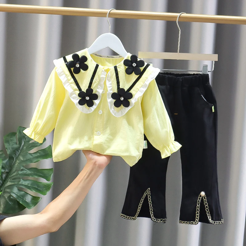 2023 Spring Autumn Baby Girls Outfit Long Sleeve Flower Doll Collar Shirt Slit Pants 2Pcs Kids Suit Wholesale Children Clothing