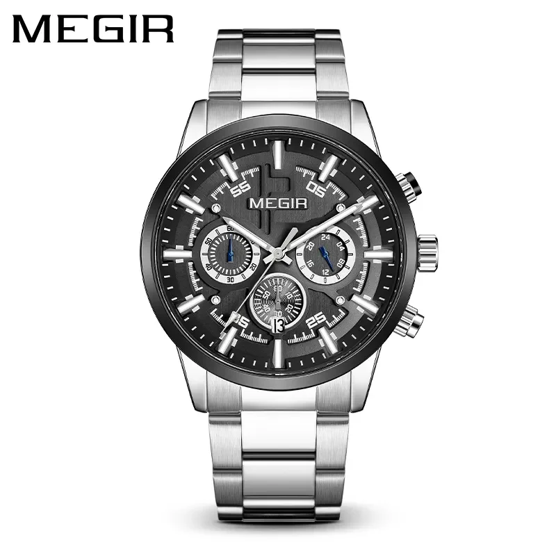 Megir 2220 Silver Black  Chronograph Quartz Watches Stainless Steel  Men Wrist New Watch Montre Homme