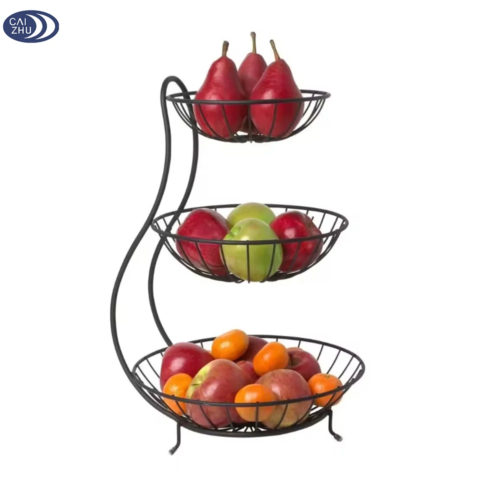 Black 3-Tier Metal Food Storage Server Steel Arched Dryer for Vegetables and Fruits Durable Iron Bowl Basket