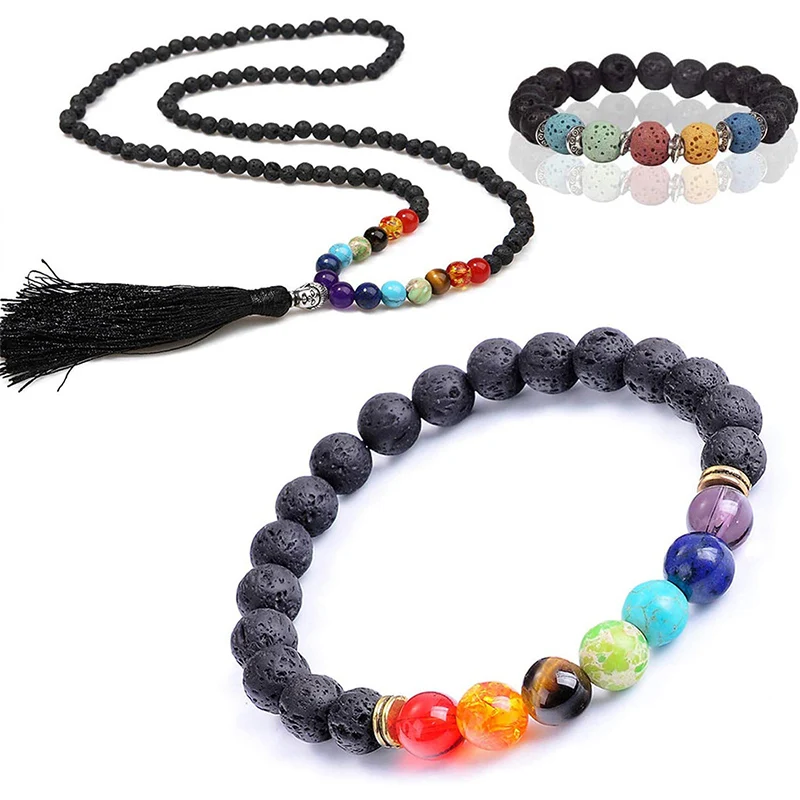  Color Lava Rock Beads Stone Chakra Spacer Kit with Volcanic Gemstone Crystal String for Essential Oils