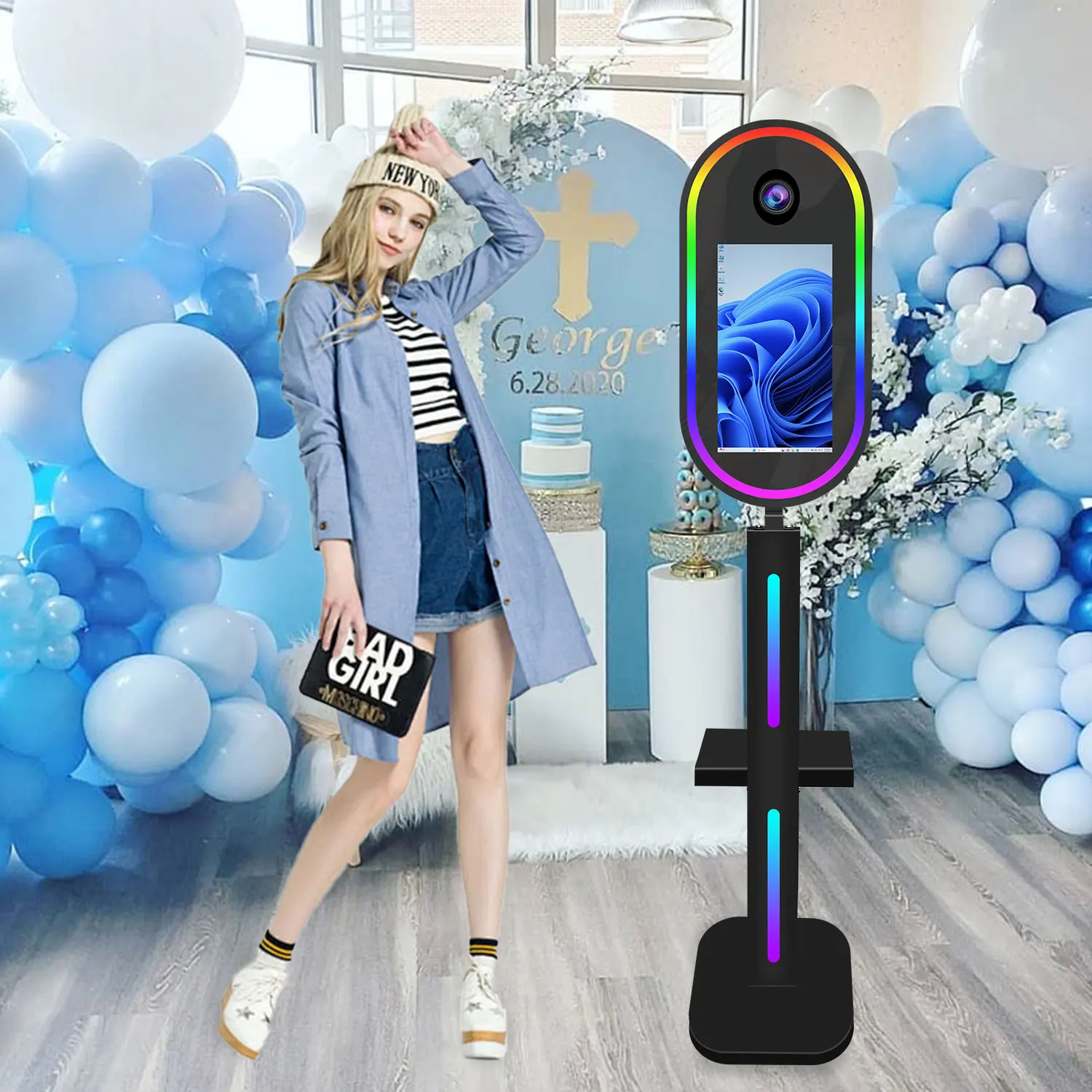 Black Oval Dslr Photo Booth With 15.6Inch Touch Screen For Event Selfie Photobooth Flash Camera Printer