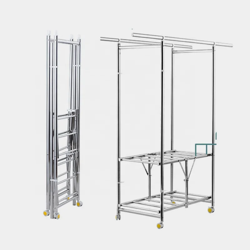 Heavy Duty Rolling Commercial Double Rail Clothing Garment Rack With Wheels Expandable Rods Collapsible Clothes Rack