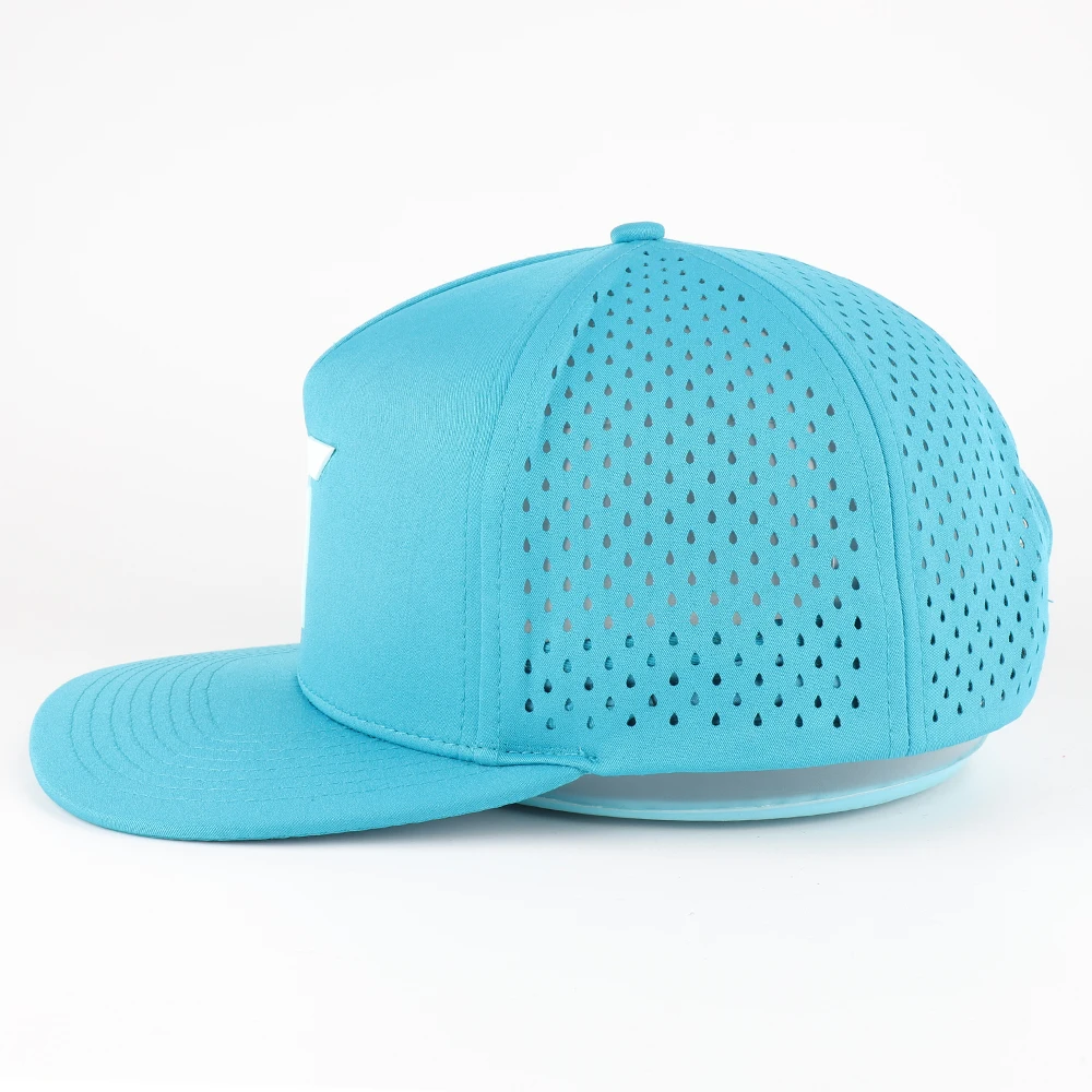 Wholesale Unisex Baseball Cap Custom Rubber Patch 5 Panel Performance Laser Hole Outdoor Blue Snapback Hats
