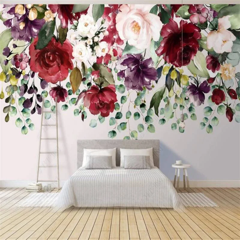 KOMNNI Custom Modern Rose Flower Mural Living Room Green Leaf 3D Wall Paper Background Wall Wallpaper Home Bedroom Decor Mura