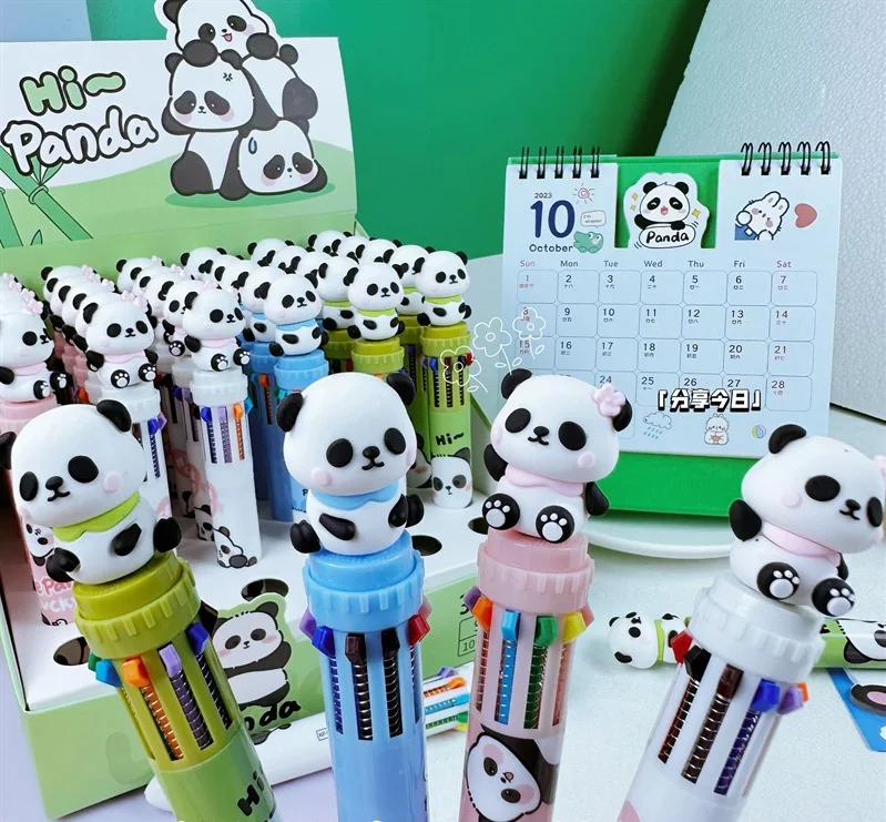 Multicolor Ballpoint Pen 10-in-1 Colored Retractable Cartoon Panda Ballpoint Pens for Back to School Students Children Gift