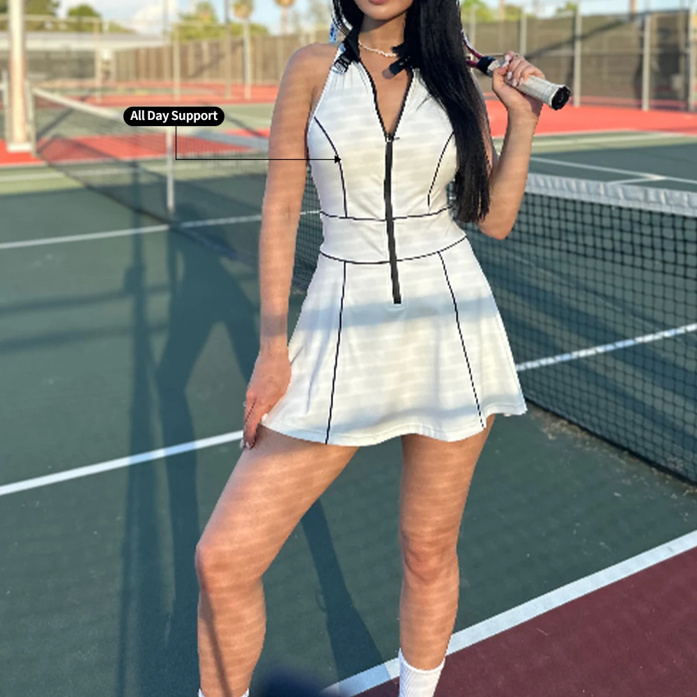 New Style Custom Women Sport Wear Quick Dry Tennis Dress Fitness Front Zipper Sports Suit Badminton Volleyball Dress With Shorts