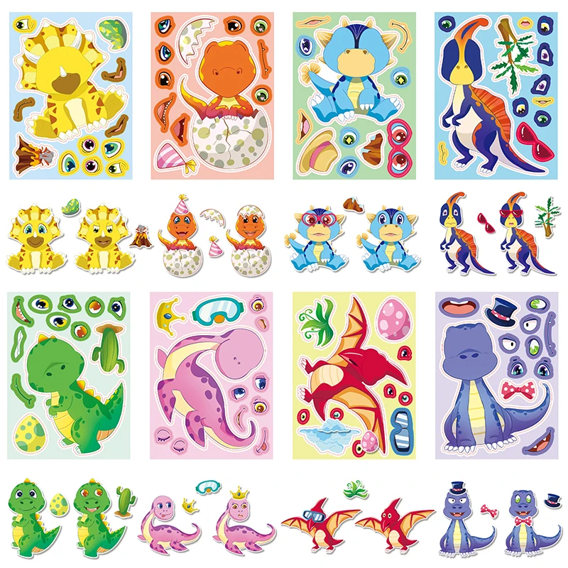 8pcs High Quality Kawaii Custom Animal Sticker UV Vinyl Decorative Original Dinosaur Face swap Sticker